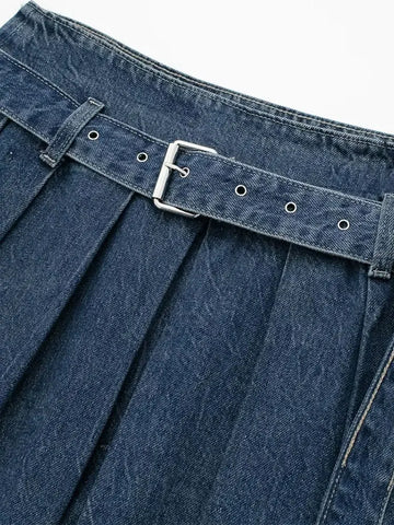 Sonicelife   Fashion Denim Skirts For Women With Belt High Waist Folds Midi Skirt Woman Streetwear Vintage Female Faldas Autumn Clothes