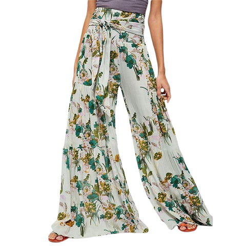 Sonicelife 2024 Women Fashion Floral Printed Pants High Waist Casual Loose Flared Wide Leg Straight Printing Holioday Beach Trousers