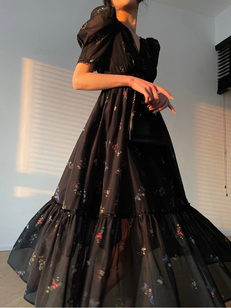 Sonicelife Vintage Black Floral Midi Dress Women spring dresses for women 2024 Short Sleeve French Elegant Dress Beach  Summer Casual Korean Evening Party Dress