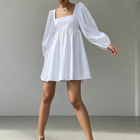 White Party Dress Women Lantern Sleeve Square Collar French Fit And Flare Back Bow Tie  Hollow Out Female Clothing 2023