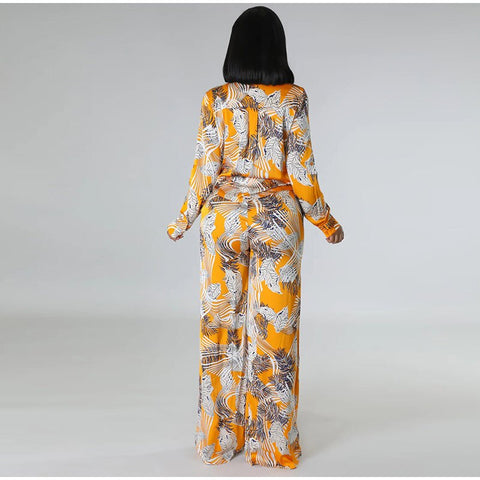 Sonicelife 2024 Autumn New Fall Outfits Fashion Printed Pants Two Piece Set For Women Lapel Long Sleeve Lace-up Shirt Top Loose Pant Suit Casual Lady Outfit