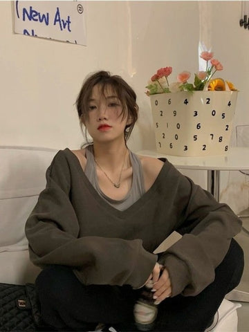 Sonicelife  Oversize Brown Sweatshirts Y2K Aesthetic Korean Fashion Patchwork Off Shoulder Hoodie Fake Two-Peice Outwear Halter Top