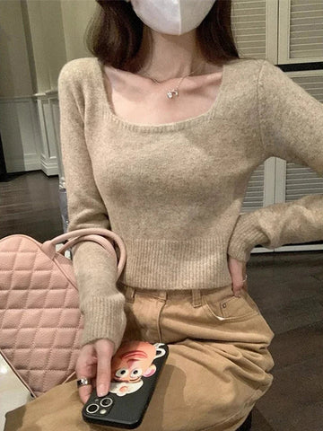 Sonicelife Women Crop Knit Sweater New Knitted Sweater Pullover Long Sleeve Slim Fit Tops Korean Style Winter Women‘s Clothing 2024