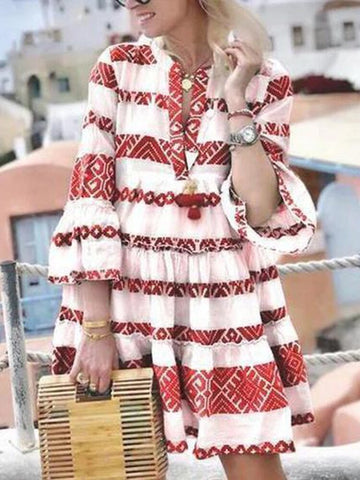 Sonicelife hoco dresses  Elegant Button V-Neck Flare Sleeve Mini Dress Summer  Party Beach Dress Women Fashion Colorful Print Stripe Dress Cover-Ups