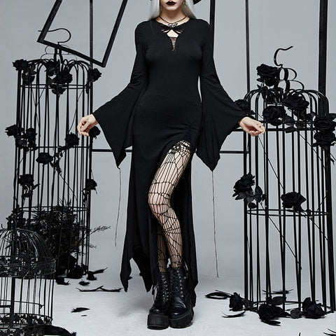 Sonicelife Halloween  Mall Gothic Party Long Dresses Female Grunge Aesthetic Emo High Split Dress Punk Hollow Out  Alt Clothing