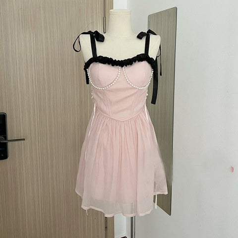 Sonicelife hoco dresses  New Summer Dress French Style Princess Straps Dress High Waist Thin Pink Sweet Short Fairy Dress Female Sundress Bestidos