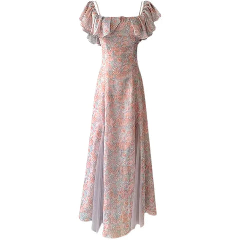 Sonicelife  Floral Dress Women Off Shoulder Vintage French Elegant Sexy Spliced Lady Summer Gentle Slim Temper Платье Женское Sweet Designer