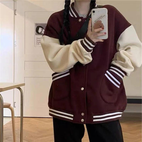 Sonicelife Autumn Women Baseball Jacket Harajuku Casual Loose Pocket Printed Korean Oversize Bomber Sweatshirt Uniform Streetwear Tops