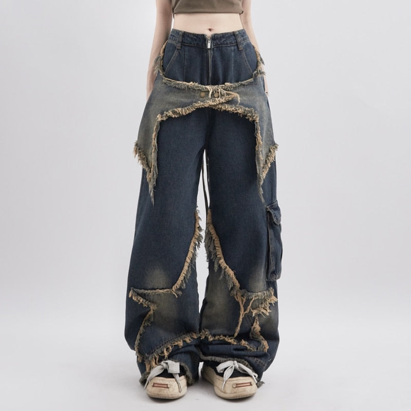Sonicelife 2024 Autumn New Fall Outfits Women Blue Jeans Contrasting Colors High Waist American Street Wide Leg Pants Fashion Hip Hop Vintage Straight Autumn Trousers