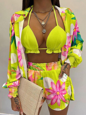 Sonicelife  Retro Elegant Print V-Neck Bra + Long Sleeve Shirts Tops + Shorts Suits Beach Women Casual Loose Fashion Three Piece Set Outfits