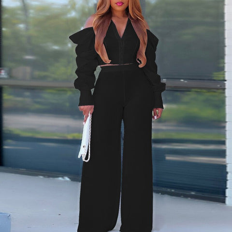Back to school outfit Sonicelife  Autumn Elegant Ladies Commute Solid Two Piece Set Outfit Fashion Design Hollow Puff Sleeve Blouses Shirts + Wide Leg Pants Suits