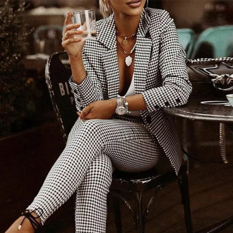 Sonicelife  Fashion Elegant Office Ladies Houndstooth Print Suit Two Piece Set Women Commute Slim Long Sleeve Blazer Coat + Trousers Outfits