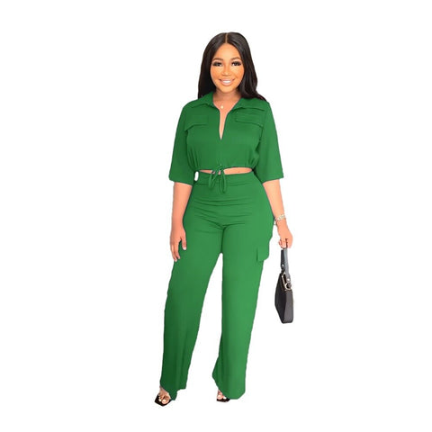 Sonicelife 2024 Autumn New Fall Outfits Elegant Women Set Half Sleeve Blouse And Straight Wide Leg Safari Pants Set Fashion Tracksuit Two Piece Set Outfits