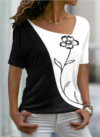 Sonicelife  Women Floral Theme Print T-Shirt 2024 Summer Fashion Casual V Neck Short Sleeve Basic Tops Female Loose 3D Print Pullover Tees