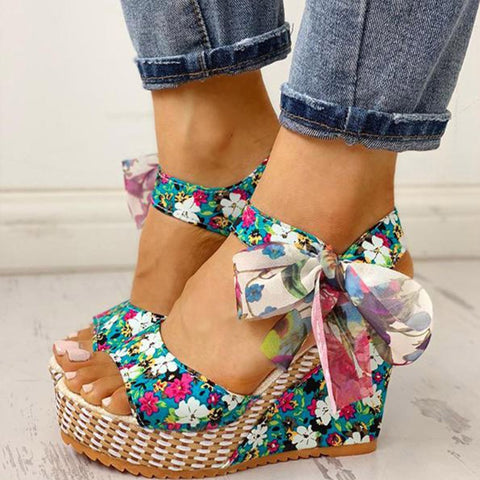 Sonicelife  Women Sandals Dot Bowknot Design Platform Wedge Female Casual High Increas Shoes Ladies Fashion Ankle Strap Open Toe Sandals