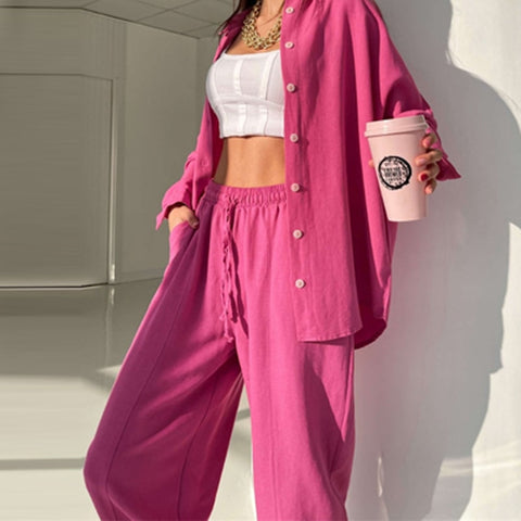 Sonicelife  Fashion Street Solid Color Women Tracksuits Outfits Casual Suits Autumn Lapel Long Sleeve Shirt Tops + Harem Pants Two Piece Set