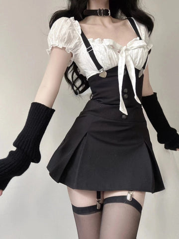 Sonicelife hoco dresses Korean Aesthetic Kpop Gothic Pinafore Mini Dress and Top Set