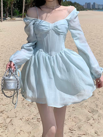 Sonicelife hoco dresses  Long Sleeve Dress Female Blue Sweet A-Line Summer High Waist Vintage Slim Fairy Dress Princess Dress Sundress Beachwear Holiday Fairy Dress