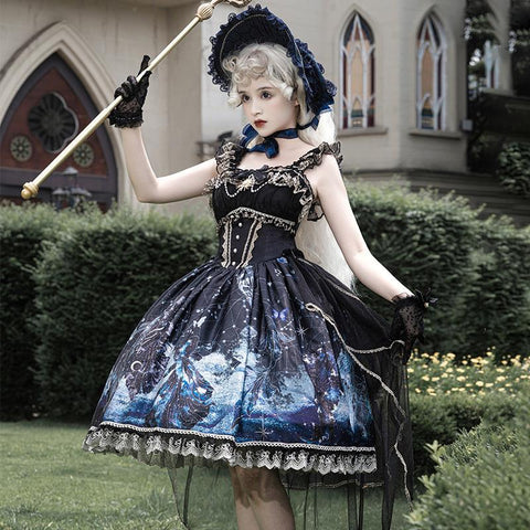 Sonicelife Halloween  Gothic Lolita Jsk Dress Vintage Dark Lace Mesh Bow Fairy Fish Print Harajuku Party Dresses Girls Punk Suspender Vestido