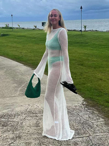 Sonicelife Early Autumn New Cross border Backless Long Sleeve Perspective Mesh Long Dress from Europe and America