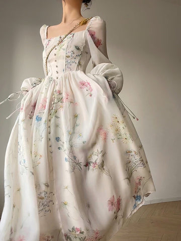French Elegant Floral Midi Dress Chiffon Long Sleeve Evening Party Dress Woman Beach Fairy One Piece Dress Korean spring dresses for women 2023
