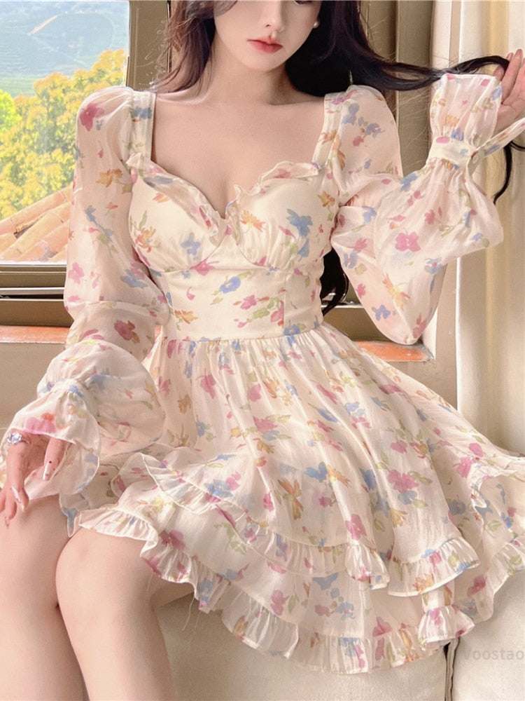 Sonicelife Kawaii Aesthetic Soft Girl Pastel Floral Sweetheart Neckline Dress