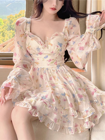 Sonicelife Kawaii Aesthetic Soft Girl Pastel Floral Sweetheart Neckline Dress