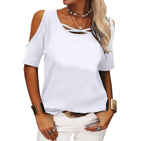 Sonicelife  2024  Cold Shoulder Women Tee Shirts Solid Tops Cross O Neck Short Sleeves Summer Casual Loose Office Lady Tshirt