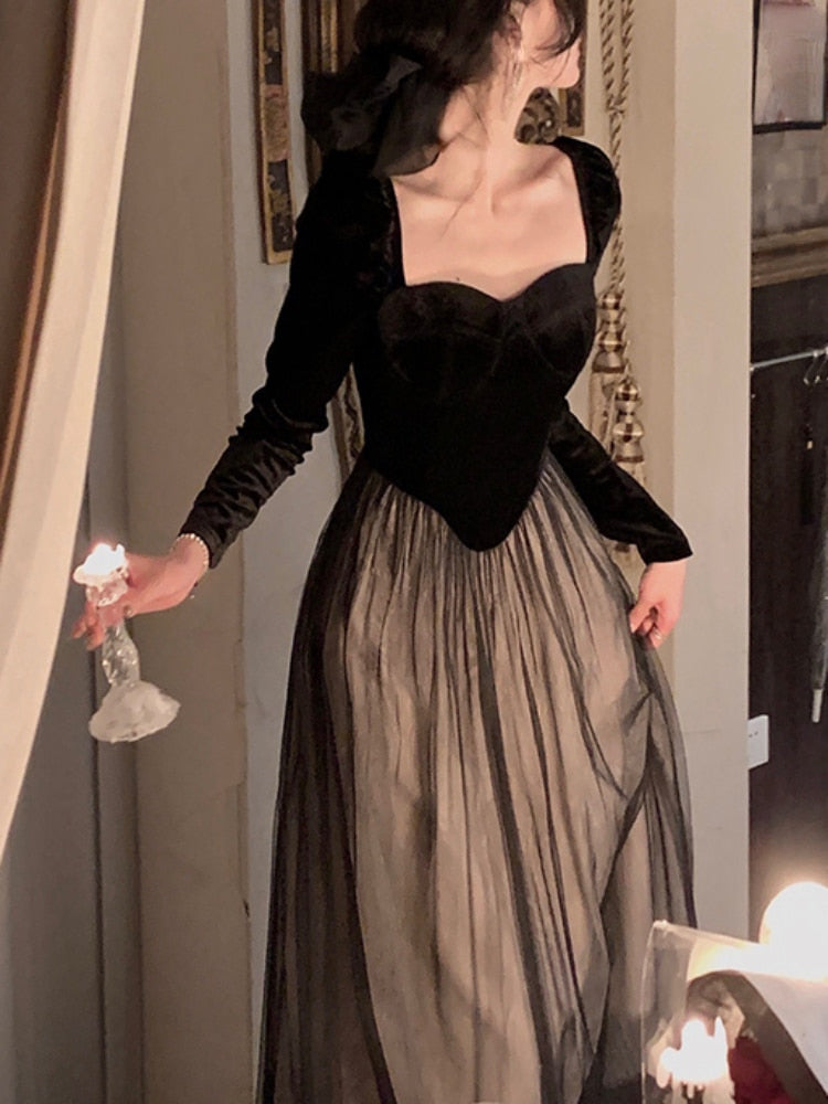 Sonicelife Elegant Long Sleeve Midi Dress Woman Slim French Vintage Velvet Dress Party Casual Korean Fashion Dress Female spring dresses for women 2024 Chic