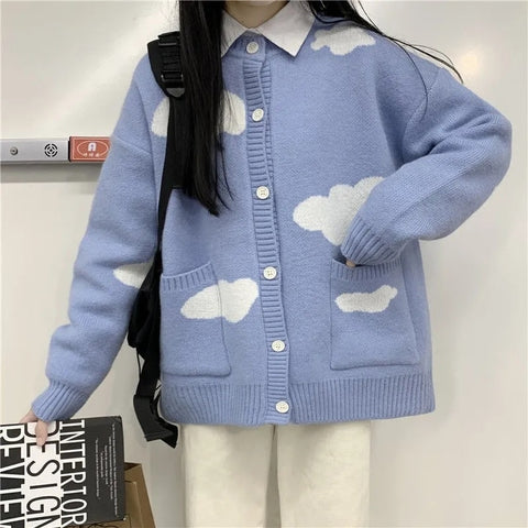 Sonicelife  Kawaii Cloud Print Blue Oversize Sweater Cardigan Women Korean Style Harajuku Cute Jumper Female Pullover Sweet Tops