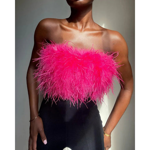 Sonicelife  Feather Strapless Tank Tops Women Summer Party Club Sleevelss Fluffy Fashion Bustier Tops Female 2024