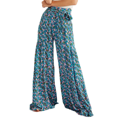 Sonicelife 2024 Women Fashion Floral Printed Pants High Waist Casual Loose Flared Wide Leg Straight Printing Holioday Beach Trousers