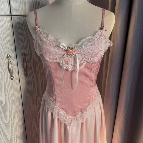 Sonicelife Floral Vintage Elegant Strap Dress Women Lace France Sexy Evening Party Long Dresses Pink Sweet Princess Fairy Dress Summer