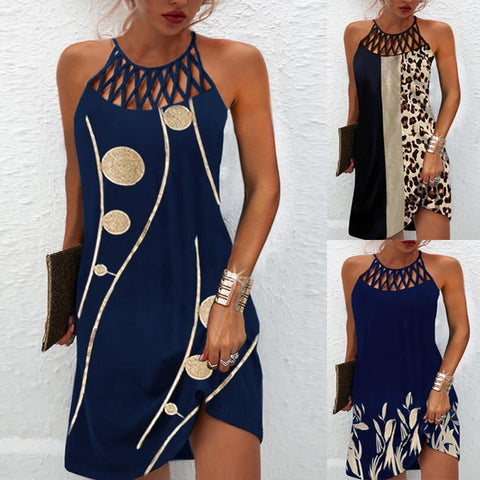 Sonicelife hoco dresses  Women  Dress 2024 Summer Fashion Hollow Sleeveless Print Beach Mini Dresses Female Vintage Elegant Boho Party Dress Vestido