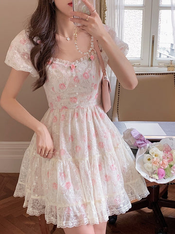 Sonicelife hoco dresses   Floral Lace Korean Sweet Dress Women France Vintage Elegant Party Mini Dresses Female Print Casual Beach Boho Fairy Dress Summer