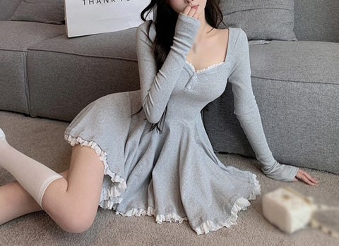 Sonicelife Korean Aesthetic Soft Girl Kpop Sweetheart Neckline Long Sleeve Rib Knit Dress