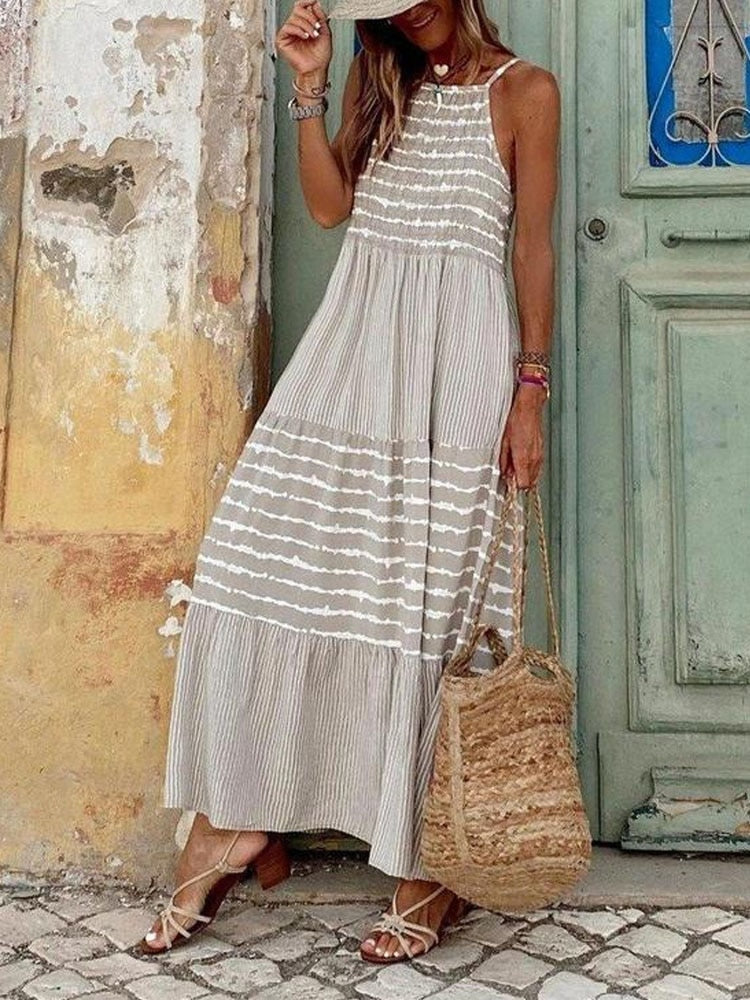 Back to school outfit Sonicelife  Summer Women Casual Loose Long Beach Dresses Vintage Striped Print Patchwork Maxi Dress Female Elegant Sleeveless Straps Dress