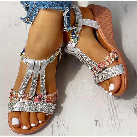 Sonicelife Women's Sandals Summer Bohemia Platform Wedges Shoes Crystal Gladiator Rome Woman Beach Shoes Casual Elastic Band Female