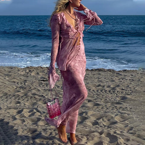 Sonicelife Early Autumn New European and American Perspective Lace Print Top High Waist Lace Print Long Dress Chiffon Set