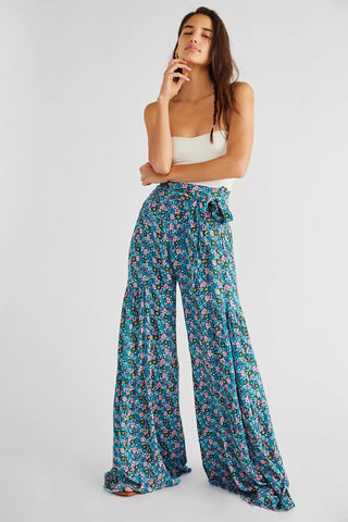 Sonicelife 2024 Women Fashion Floral Printed Pants High Waist Casual Loose Flared Wide Leg Straight Printing Holioday Beach Trousers