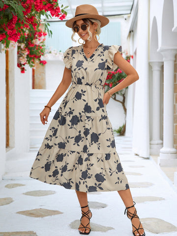 Sonicelife   Summer Elegant Fashion Floral Print Dress Women Dress New High Waist V Neck Irregular Ruffle Sleeve Hem A-line Midi Dress
