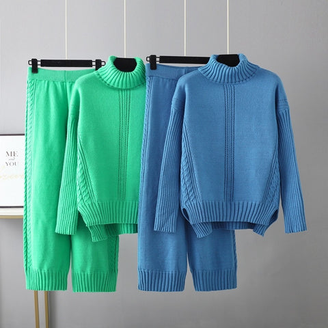 Sonicelife 2024 Early Autumn New Fall Outfits Cashmere Womens Tracksuits  Knitted  Thick Women Turtleneck Sweater 2/Two Piece Sets Drawstring Harem Pant Suits Outfits