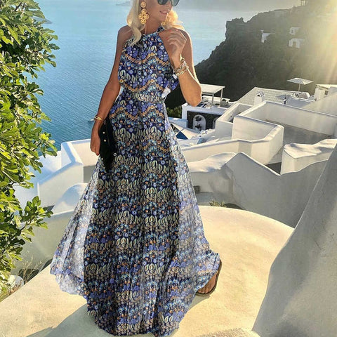 Sonicelife  Fashion  Halter Print Pleated Long Dress Women Sweet O Neck Beach Cover-Ups Robe Summer Sleeveless Casual Boho Maxi Sundress