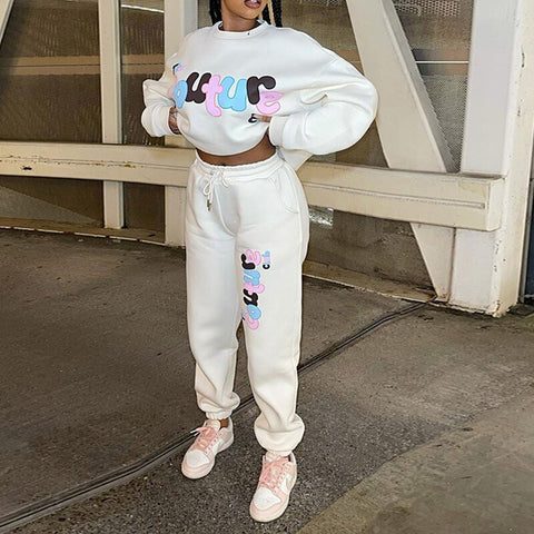 Sonicelife  Fashion Casual Street Cute Letter Printed Women Tracksuits Autumn O-Neck Sweatshirt + Elastic Waist Drawstring Sweatpants Suits