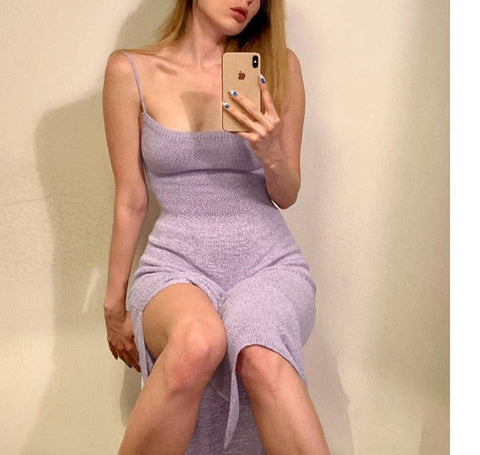 Sonicelife 2024 New   Sexy Beachwear Holiday Spring Knitted Sweater Dress Women Spaghetti Strap Strapless Backless Lace Up Dresses Female Lace Up Robe