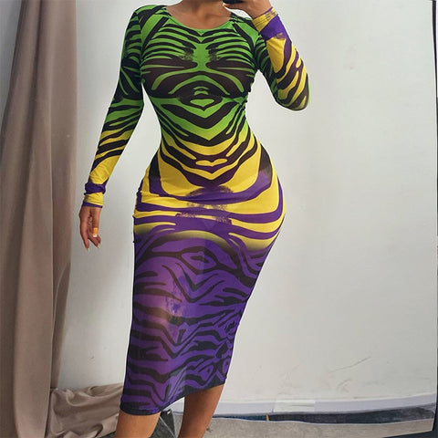 Sonicelife  Women Autumn Long Sleeve Printed Mesh See Through Bodycon Dress 2024 Fall Female Clothing Streetwear  Items
