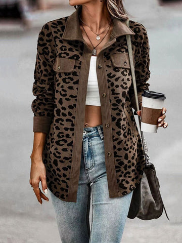Sonicelife 2024 Autumn New Fall Outfits Leopard Jacket Women Vintage Corduroy Jacket Coat Female Overshirt Long Sleeve Winter Fashion Loose Shirt Jackets