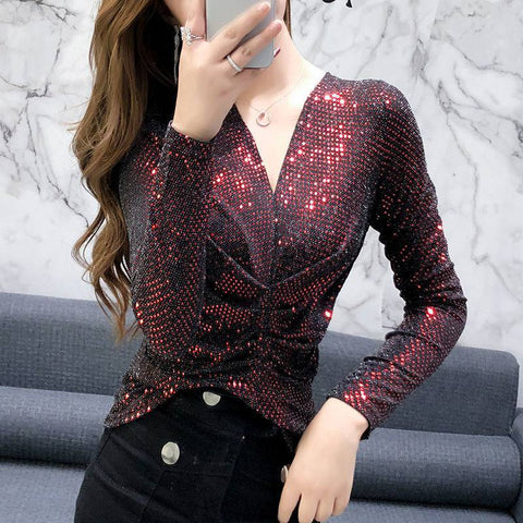 Black Friday Sonicelife Korean New Fashion Tight Women Tops And Blouses Long Sleeve Bright Sequins  Clothes Backing Slim Women Shirts