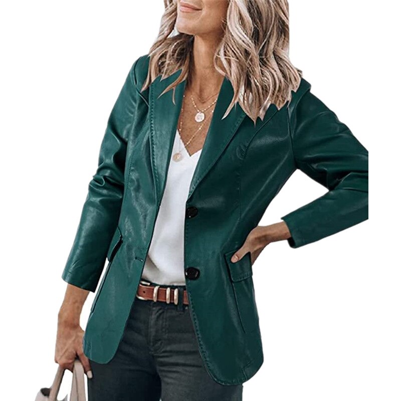 Sonicelife  Women PU Leather Blazer Coat Turn Down Collar Long Sleeve Single Breasted Autumn Winter Solid Casual Office Suit Jackets