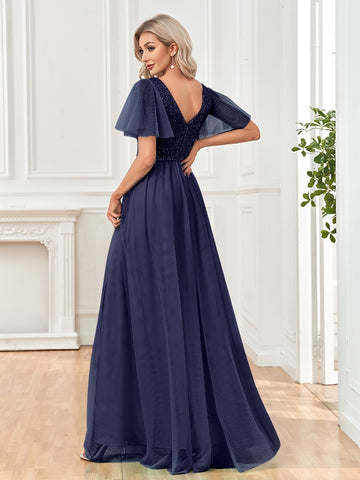 Sonicelife Elegant Sequins Evening Dress Elegant V-Neck A-line Ruffles Chiffon Robe Short Sleeves Formal Wedding Party Dresses